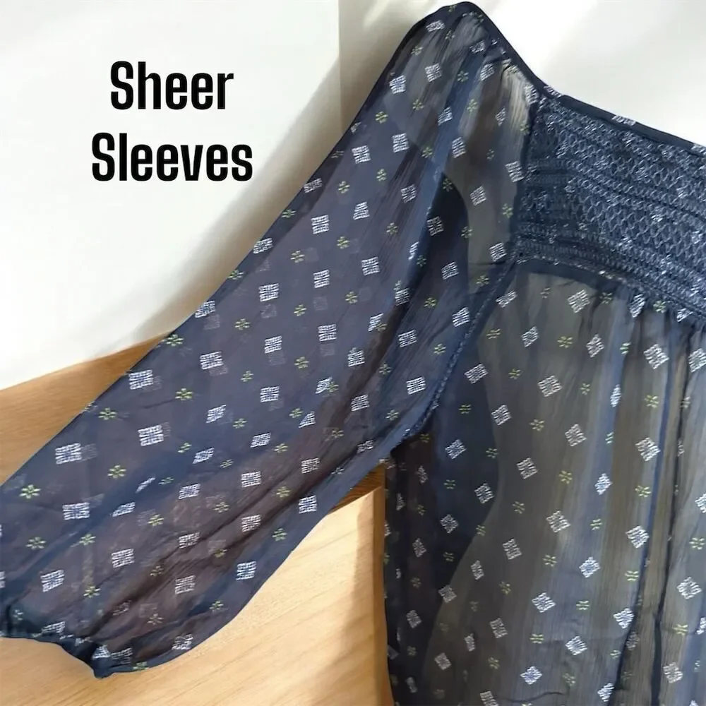 Abercrombie & Fitch Navy Sheer Smocked Peasant Top